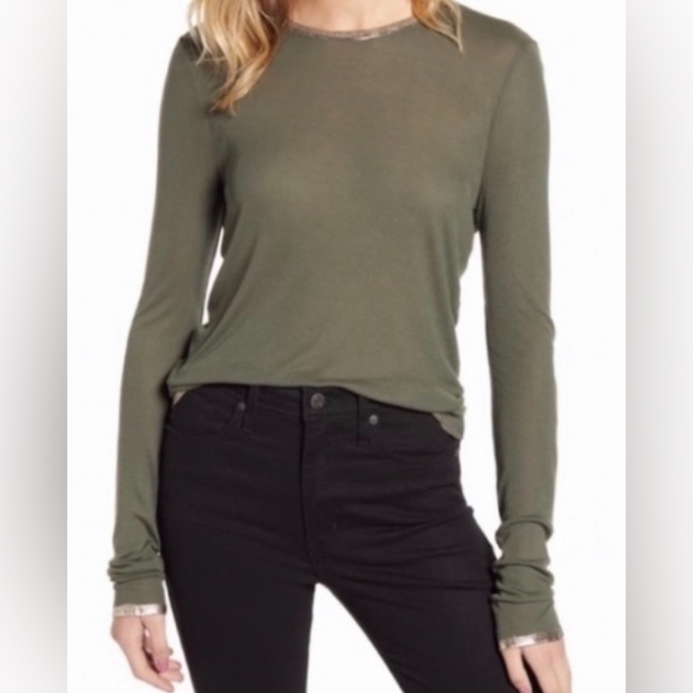 Zadig & Voltaire Willy Silver Foil Trim Long Sleeve Top Sage Green Size Medium